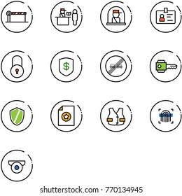 line vector icon set - barrier vector, passport control, officer window, identity, lock, safe, end overtake limit road sign, key, shield, certificate, life vest, fingerprint scanner
