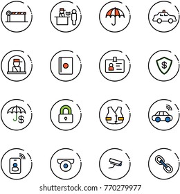 line vector icon set - barrier vector, passport control, insurance, safety car, officer window, identity, safe, locked, life vest, wireless, card, surveillance camera, link