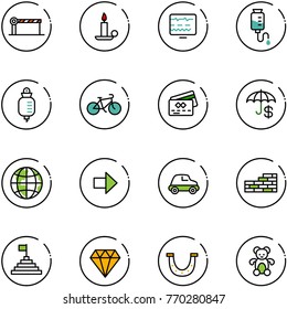 line vector icon set - barrier vector, candle, diagnostic monitor, drop counter, bike, credit card, insurance, globe, right arrow, car, brick wall, pyramid flag, diamond, luck, bear toy