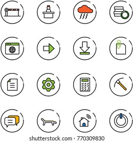 line vector icon set - barrier vector, recieptionist, storm, coin, browser globe, right arrow, download, attachment, document, gear, calculator, rock axe, dialog, lounger, wireless home