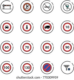 line vector icon set - barrier vector, no mobile sign, smoking, alcohol, car road, pedestrian, truck, speed limit 10, 60, 70, 80, 90, 100, 130, parking, signal