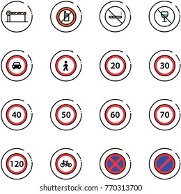 line vector icon set - barrier vector, no mobile sign, smoking, alcohol, car road, pedestrian, speed limit 20, 30, 40, 50, 60, 70, 120, bike, stop, parking