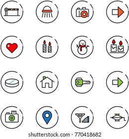 line vector icon set - barrier vector, shower, camera, right arrow, heart, candle, snowman, pill, home, key, navigation pin, fine signal, jack