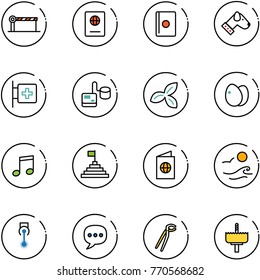 line vector icon set - barrier vector, passport, dog, first aid room, tonometer, three leafs, eggs, music, pyramid flag, waves, laser, chat, plumber, crown drill