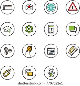 line vector icon set - barrier vector, star letter, lemon slice, intersection road sign, graduate hat, gear, calculator, dialog, flower, kite, terms plan, trowel, side cutters, machine tool