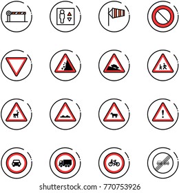 line vector icon set - barrier vector, elevator, side wind, prohibition road sign, giving way, landslide, steep descent, children, wild animals, rough, cow, attention, no car, truck, bike