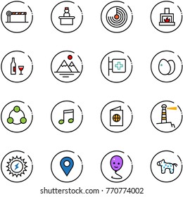 line vector icon set - barrier vector, recieptionist, radar, fireplace, wine, mountains, first aid room, eggs, social, music, passport, lighthouse, sun power, navigation pin, balloon smile