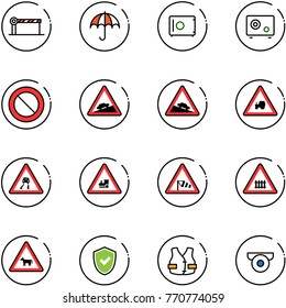 line vector icon set - barrier vector, safe, prohibition road sign, climb, steep descent, tractor way, slippery, railway intersection, side wind, cow, shield check, life vest