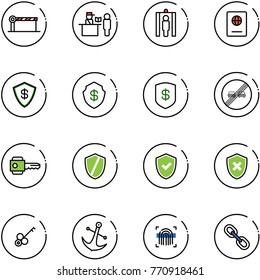 line vector icon set - barrier vector, passport control, metal detector gate, safe, end overtake limit road sign, key, shield, check, cross, anchor, fingerprint scanner, link