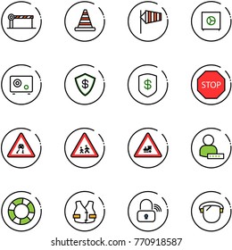 line vector icon set - barrier vector, road cone, side wind, safe, stop sign, slippery, children, railway intersection, user password, lifebuoy, life vest, wireless lock, protect glass