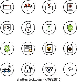 line vector icon set - barrier vector, insurance, terrorism, passport, safe, lock, shield check, cross, certificate, car wireless, surveillance camera