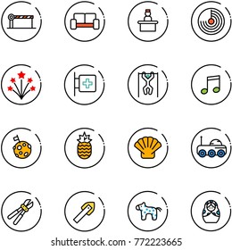 line vector icon set - barrier vector, vip waiting area, recieptionist, radar, firework, first aid room, pull ups, music, moon flag, pineapple, shell, rover, bolt cutter, tile drill, toy horse