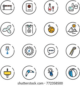 line vector icon set - barrier vector, passport, wine, tonometer, three leafs, pull ups, moon flag, pyramid, laser, sun power, chat, plumber, crown drill, boomerang, doll, basketball