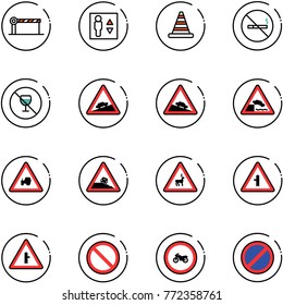 line vector icon set - barrier vector, elevator, road cone, no smoking sign, alcohol, climb, steep descent, embankment, tractor way, roadside, wild animals, intersection, prohibition, moto, parking