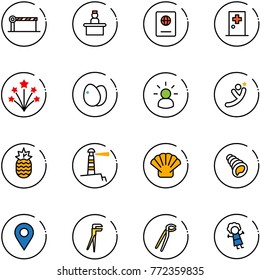 line vector icon set - barrier vector, recieptionist, passport, first aid room, firework, eggs, idea, flying man, pineapple, lighthouse, shell, navigation pin, plumber, doll