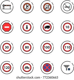 line vector icon set - barrier vector, no mobile sign, computer, smoking, way road, pedestrian, truck, speed limit 10, 30, 80, 100, 110, 120, bike, stop, signal