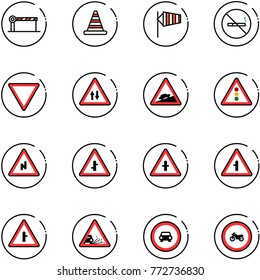 line vector icon set - barrier vector, road cone, side wind, no smoking sign, giving way, oncoming traffic, climb, light, abrupt turn right, intersection, gravel, car, moto