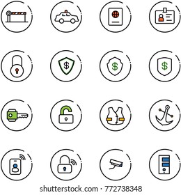 line vector icon set - barrier vector, safety car, passport, identity, lock, safe, key, unlocked, life vest, anchor, card, wireless, surveillance camera, server