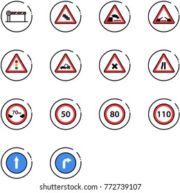 conjunto de iconos vectoriales de línea - vector de barrera, señalización de carretera de varios carriles, terraplén, puente levadizo, luz, choque de camión, intersección ferroviaria, estrechos, distancia limitada, límite de velocidad 50, 80, 110, sólo hacia adelante