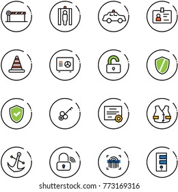 line vector icon set - barrier vector, metal detector gate, safety car, identity, road cone, safe, unlocked, shield, check, key, certificate, life vest, anchor, wireless lock, fingerprint scanner