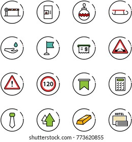 line vector icon set - barrier vector, coffee machine, christmas ball, sleigh, drop hand, flag, receipt, drawbridge road sign, attention, speed limit 120, calculator, tie, arrow up, gold, sea hotel