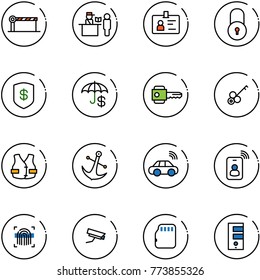 line vector icon set - barrier vector, passport control, identity, lock, safe, insurance, key, life vest, anchor, car wireless, card, fingerprint scanner, surveillance camera, micro flash, server