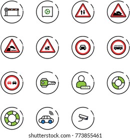 line vector icon set - barrier vector, safe, oncoming traffic road sign, steep descent, embankment, railway intersection, no car, bus, overtake, key, user password, lifebuoy, wireless