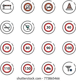line vector icon set - barrier vector, no computer sign, smoking, road cone, alcohol, speed limit 30, 40, 70, 80, 90, 100, 110, 130, bike, signal