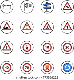 line vector icon set - barrier vector, side wind, road signpost sign, multi lane traffic, steep descent, light, pedestrian, intersection, no, speed limit 10, 20, 40, 70, dangerous cargo, circle