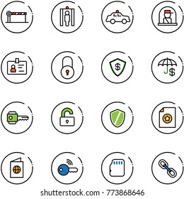 line vector icon set - barrier vector, metal detector gate, safety car, officer window, identity, lock, safe, insurance, key, unlocked, shield, certificate, passport, wireless, micro flash card