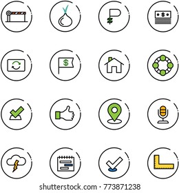 line vector icon set - barrier vector, onion, ruble, dollar, card exchange, flag, home, friends, check, like, map pin, microphone, storm, terms plan, corner ruler