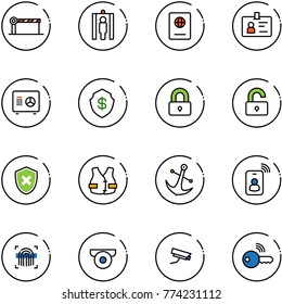 line vector icon set - barrier vector, metal detector gate, passport, identity, safe, locked, unlocked, shield cross, life vest, anchor, card, fingerprint scanner, surveillance camera, wireless key
