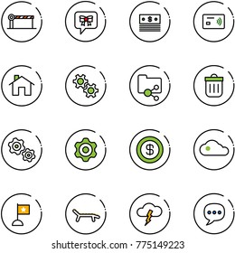 line vector icon set - barrier vector, bow message, dollar, tap pay, home, gear, shared folder, trash bin, gears, cloud, flag, lounger, storm, chat