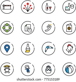 line vector icon set - barrier vector, firework, wine, tonometer, friends, history, flying man, passport, navigation pin, brush, boomerang, chicken toy, doll, russian, basketball