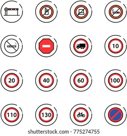 Line Vector Icon Set - Barrier Vector, No Mobile Sign, Computer, Smoking, Way Road, Truck, Speed Limit 10, 20, 40, 60, 100, 110, 130, Bike, Parking