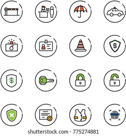 line vector icon set - barrier vector, passport control, insurance, safety car, terrorism, identity, road cone, safe, key, locked, unlocked, shield cross, certificate, life vest, fingerprint scanner