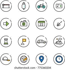 line vector icon set - barrier vector, drop counter, bike, tap pay, right arrow, camera, calendar, key, chess tower, flag, limousine, mountains, cap, volleyball, navigation pin, clock