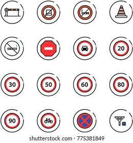 line vector icon set - barrier vector, no computer sign, smoking, road cone, way, car, speed limit 20, 30, 50, 60, 80, 90, bike, stop, signal