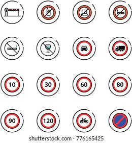 Line Vector Icon Set - Barrier Vector, No Mobile Sign, Computer, Smoking, Alcohol, Car Road, Truck, Speed Limit 10, 30, 60, 80, 90, 120, Bike, Parking