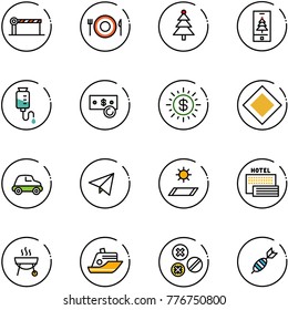 line vector icon set - barrier vector, plate spoon fork, christmas tree, mobile, drop counter, cash, dollar sun, main road sign, car, paper fly, mat, sea hotel, grill, cruiser, rivet, dart