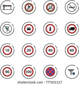 line vector icon set - barrier vector, no mobile sign, computer, smoking, alcohol, car road, pedestrian, truck, speed limit 10, 20, 40, 60, 90, 100, stop, signal