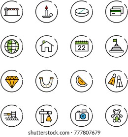 line vector icon set - barrier vector, candle, pill, credit card, globe, home, calendar, pyramid flag, diamond, luck, watermelone, flippers, pool, ship bell, camera, bear toy