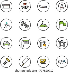 line vector icon set - barrier vector, vip, small plane, merry christmas message, banana, gears, attainment, flag, car, presentation, ship bell, robot, bolt, metal hacksaw, jig saw, toy