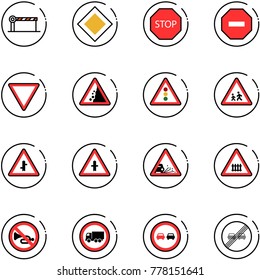 line vector icon set - barrier vector, main road sign, stop, no way, giving, landslide, traffic light, children, intersection, gravel, railway, horn, truck, overtake, end limit