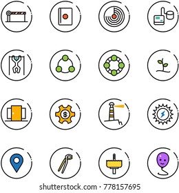 line vector icon set - barrier vector, passport, radar, tonometer, pull ups, social, friends, sproute, doors, money managemet, lighthouse, sun power, navigation pin, plumber, crown drill