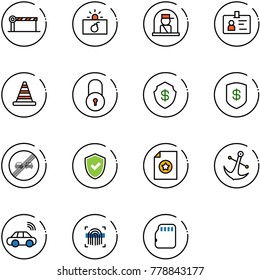 line vector icon set - barrier vector, terrorism, officer window, identity, road cone, lock, safe, end overtake limit sign, shield check, certificate, anchor, car wireless, fingerprint scanner