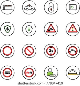 line vector icon set - barrier vector, safety car, lock, safe, embankment road sign, traffic light, prohibition, limited height, distance, no bus, overtake, user password, construction helmet