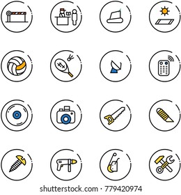 line vector icon set - barrier vector, passport control, treadmill, mat, volleyball, badminton, satellite antenna, remote, cd, camera, saw, work knife, screw, drill machine, winch, wrench hammer