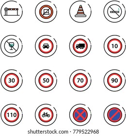 line vector icon set - barrier vector, no computer sign, road cone, smoking, alcohol, car, truck, speed limit 10, 30, 50, 70, 90, 110, bike, stop, parking