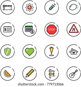 line vector icon set - barrier vector, sun, syringe, lemon, finance calendar, stop road sign, narrows, shield, heart, pennant, home, watermelone, pencil, clamp, guitar